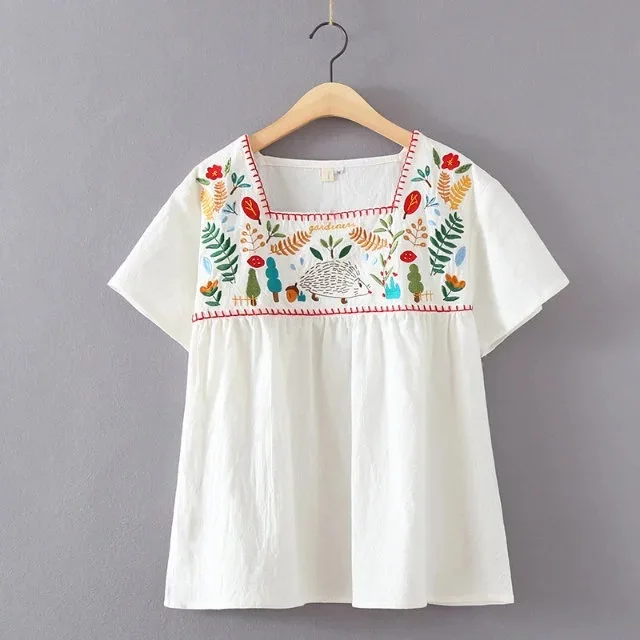 Mori Girl Leaves Hedgehog bordado Floral étnico Vintage blanco Boho Hippie Blusa suelta Tops femeninos, gran oferta