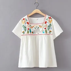 Mori Girl Leaves Gardener Hedgehog Embroidery Floral Ethnic Vintage White Boho Hippie Blouse Loose Tops Blusa Feminina Hot Sale