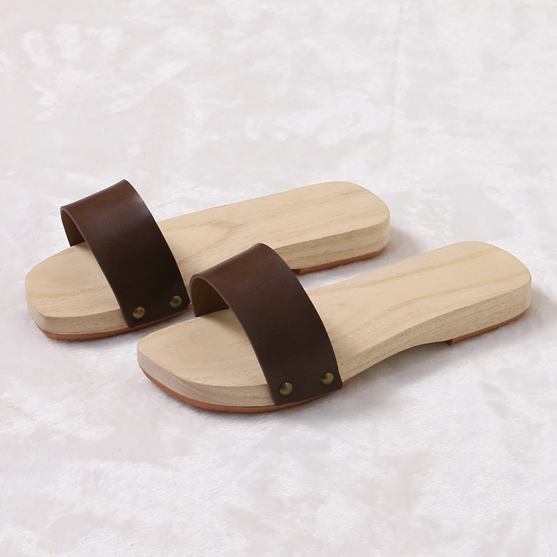 Wooden Sandles Leather Geta For Women and Man Flat Heel Japan Geta Solid Color Summer Flip Flops/Slippers Cosplay Shoe Plus Size