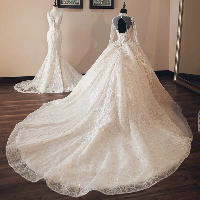 Custom Made Bóng Gown Fluffy Tàu Lớn Cao Cổ Dài Tay Áo Ren Pha Lê Đính Cườm Đám Cưới Sang Trọng Áo Váy Cưới Đám Cưới SA12