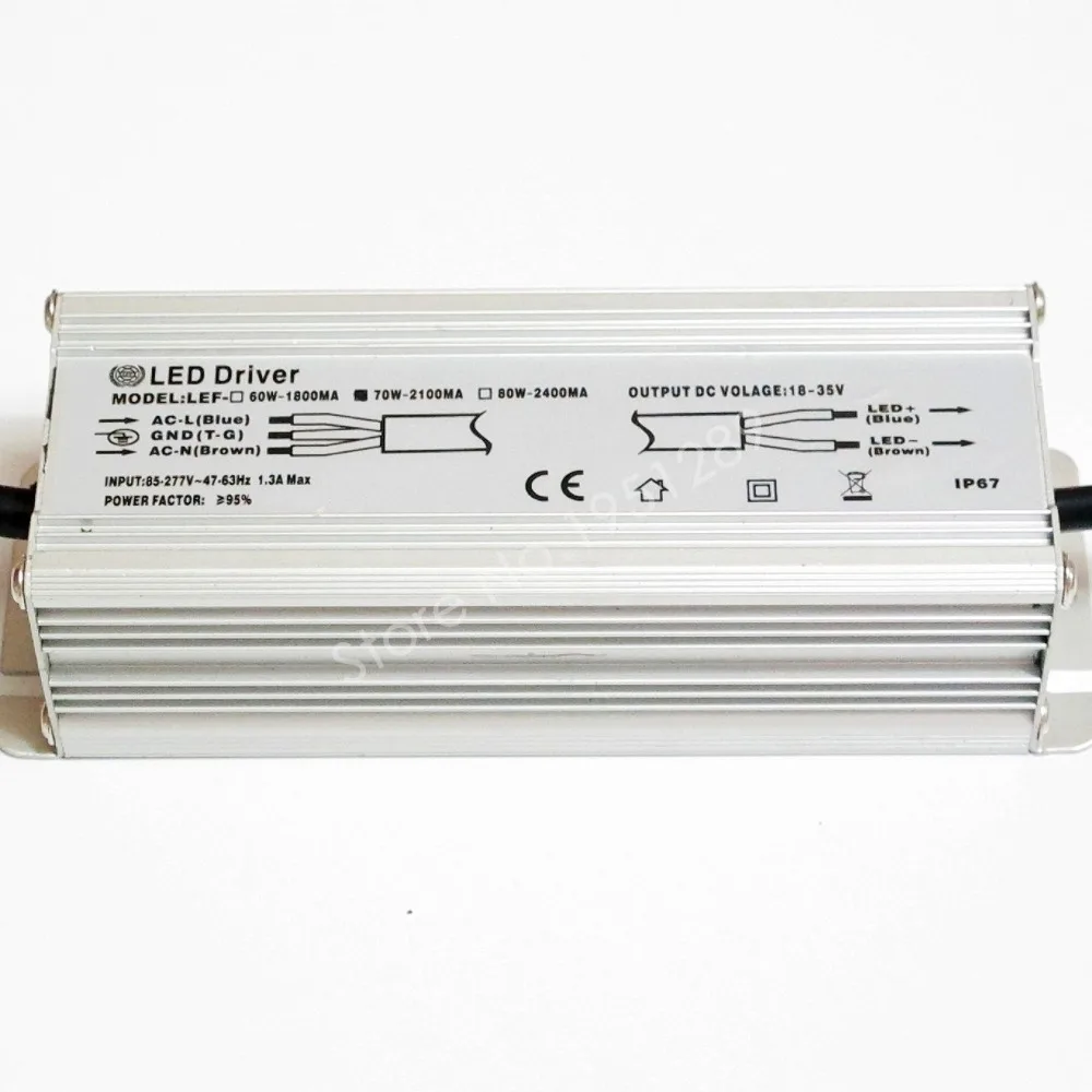 

CE Certified IP67 70W 2100mA Led Driver DC 18V - 35V Power Supply AC 110V 220V 277V for 10 series 7 parallel LED lights