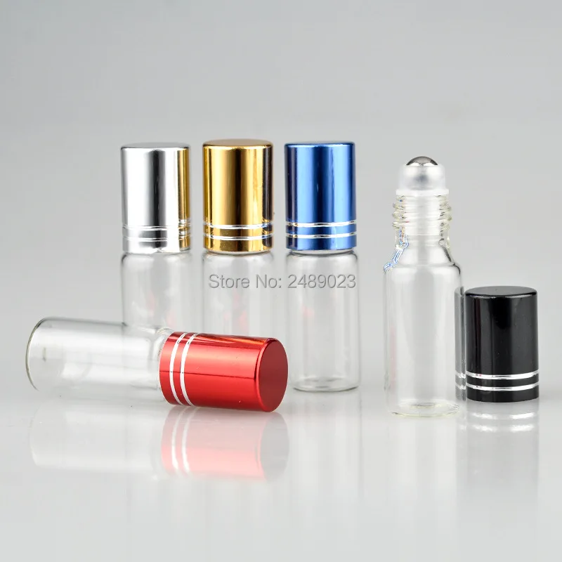 5ml Hot Selling Glass Roller Bottle For Essential Oils With Five Color Cap Roll-on Bottles Refillable Cosmetic Containers 100pcs