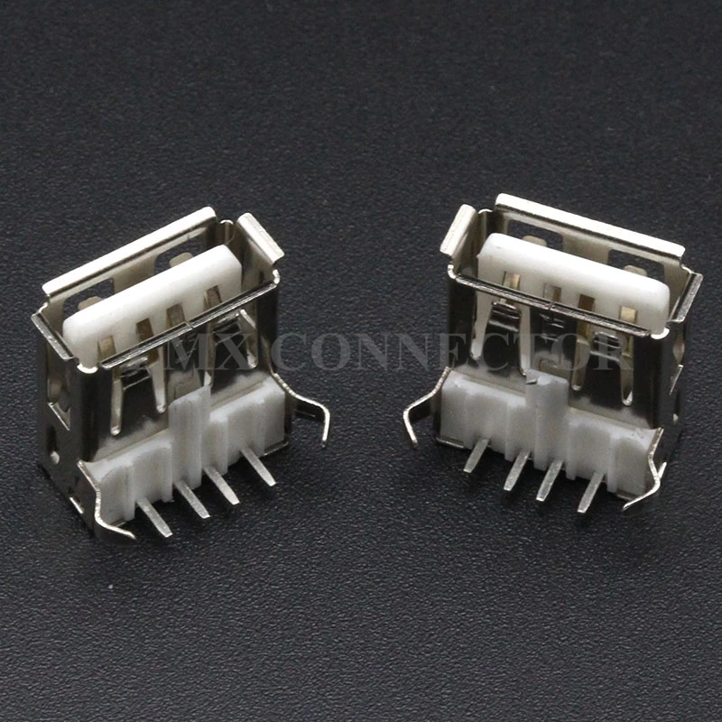 50PCS USB 2.0 Connector Female Socket AF 90 Degree DIP Bent Feet  USB Port  PBT with Back Cover Ironclad  Shell