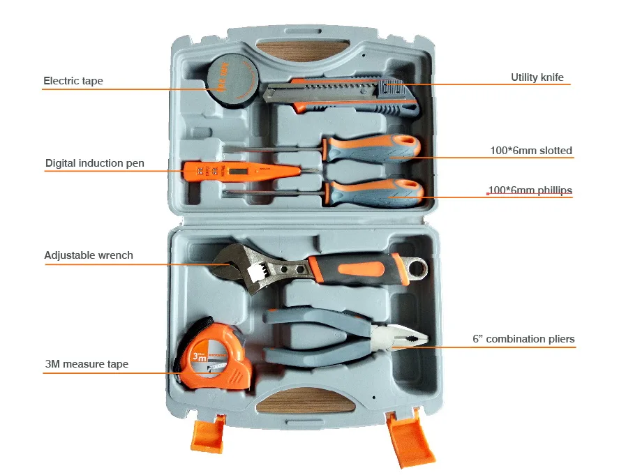 

8pcs/kit home use hand tools set,pvc tape,knife,screwdriver,induction pen, hand wrench, pliers, measurement tape