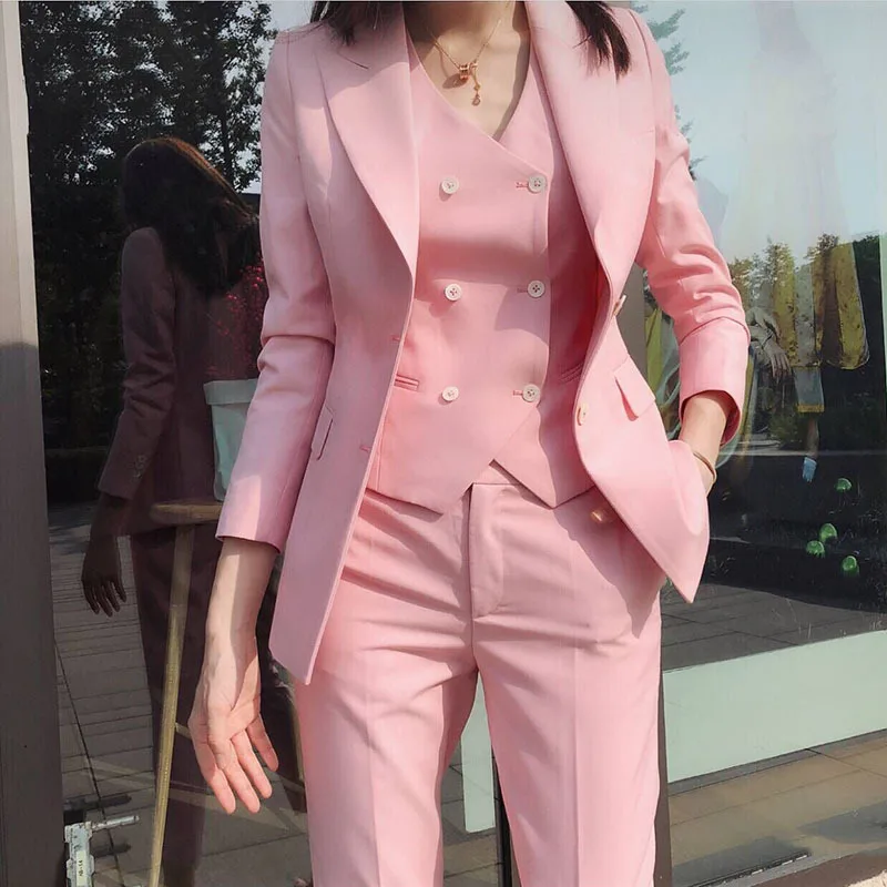 Pink Women\'s Formal Slim Fit 3 Pieces Suit Female Custom Made Office Work Wear Suits Fashion Stylish Terno Feminino