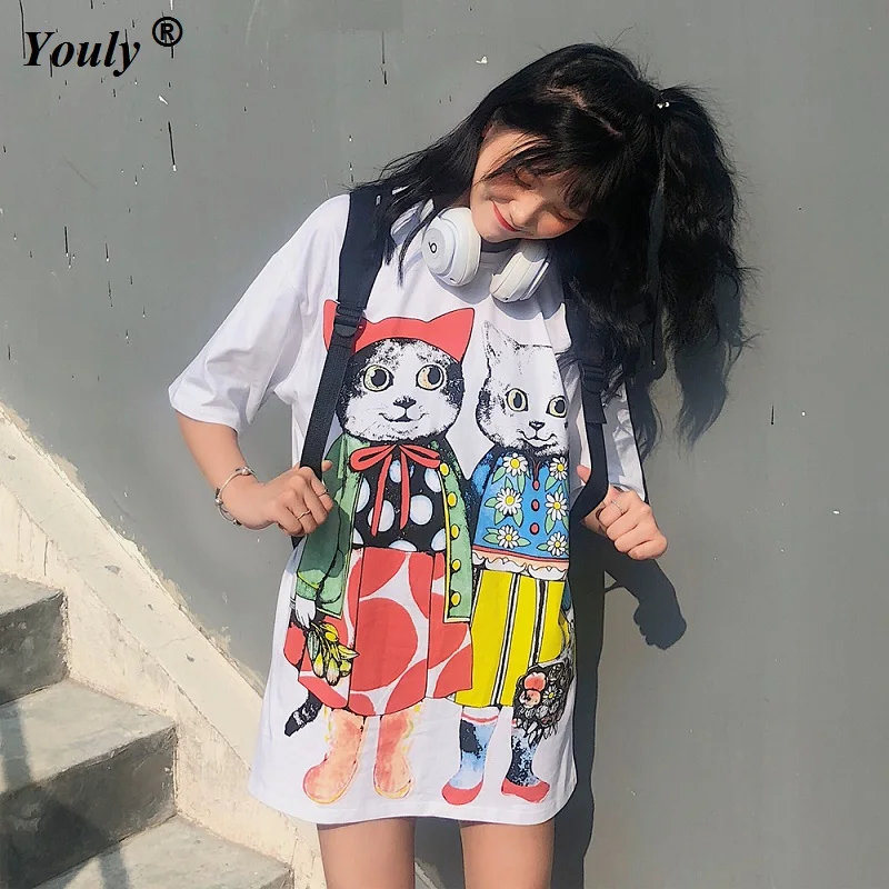 Cat Printed Casual Boyfriend Style Loose Top T-Shirt 2022 Women Summer Cotton White Large  Short Sleeve Long Tops