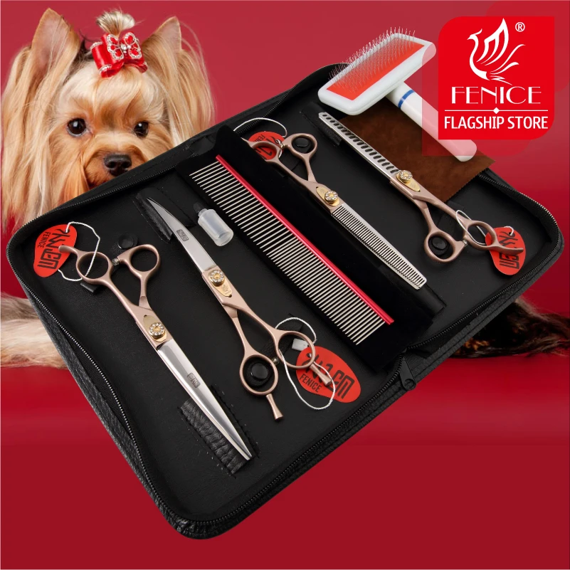 Fenice 7.0/7.5/8.0 Professional Dog Grooming Scissors Cutting Straight Curved Thinning Shears Set Kit Pets Tools for Pomeranian