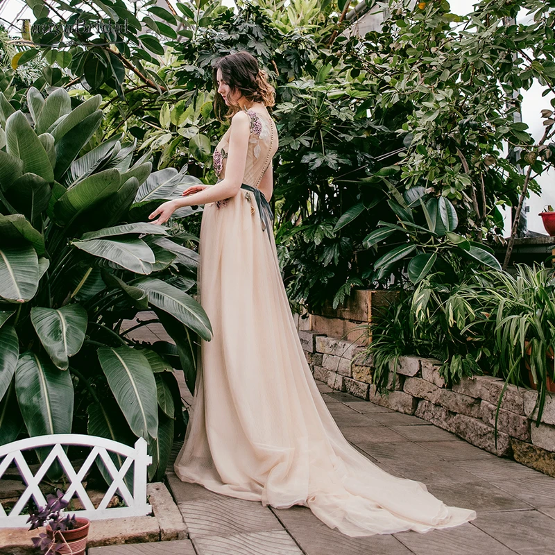 Vestidos De novia De tul champán Apliques De encaje una línea vestidos De novia romántico único bohemio Vestido De Noivas DW126