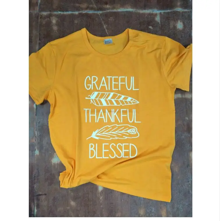 Skuggnas Grateful thankful blessed T shirt Thanksgiving gift tops slogan t shirt graphic tees yellow shirt vintage Feather Tops