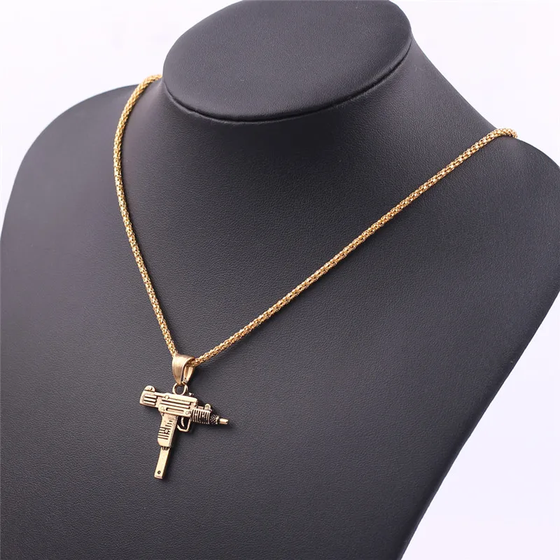 Charm Pistol UZI Gun Shaped Pendant Punk Tommy Gun Army Style Male Chain Necklace For Men corrente masculina Jewelry Gifts