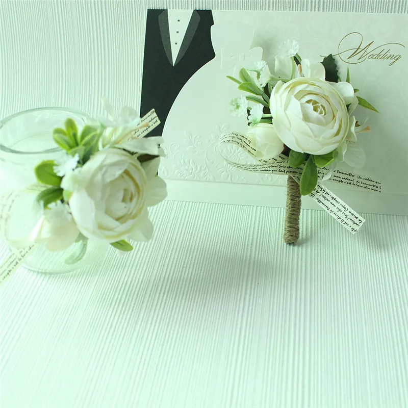 Lovegrace Wedding Men Boutonnieres and Wrist Corsages Green Plant Hand Flowers Brides Wrist Flower Blue Bridal Bouquet Accessory