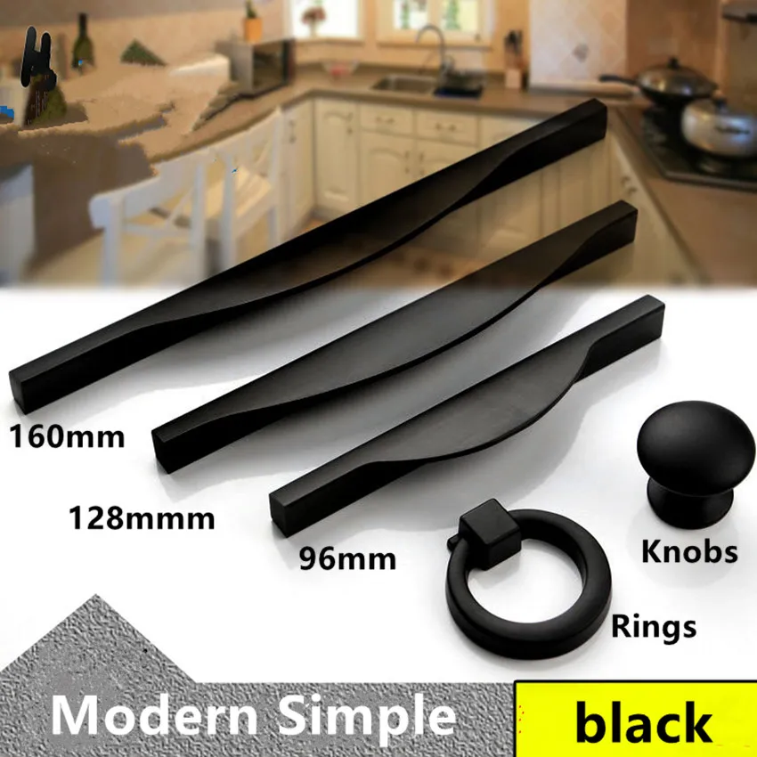 

96mm 128mm 160mm Modern simple black furniture handles retro black kitchen cabinet drawer handles pulls knobs drop rings knobs