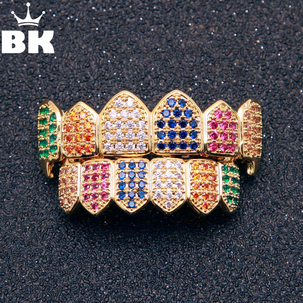 THE BLING KING Multi-Color Hip Hop Fang Teeth Cubic Zirconia Top & Bottom Clown Grills Set