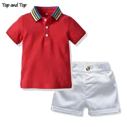 Top and Top Summer Boys Clothing Sets Short Sleeve Striped Cotton T-shirt Blouse+Short Pant Kids Boy Gentleman Clothes 2Pcs Suit