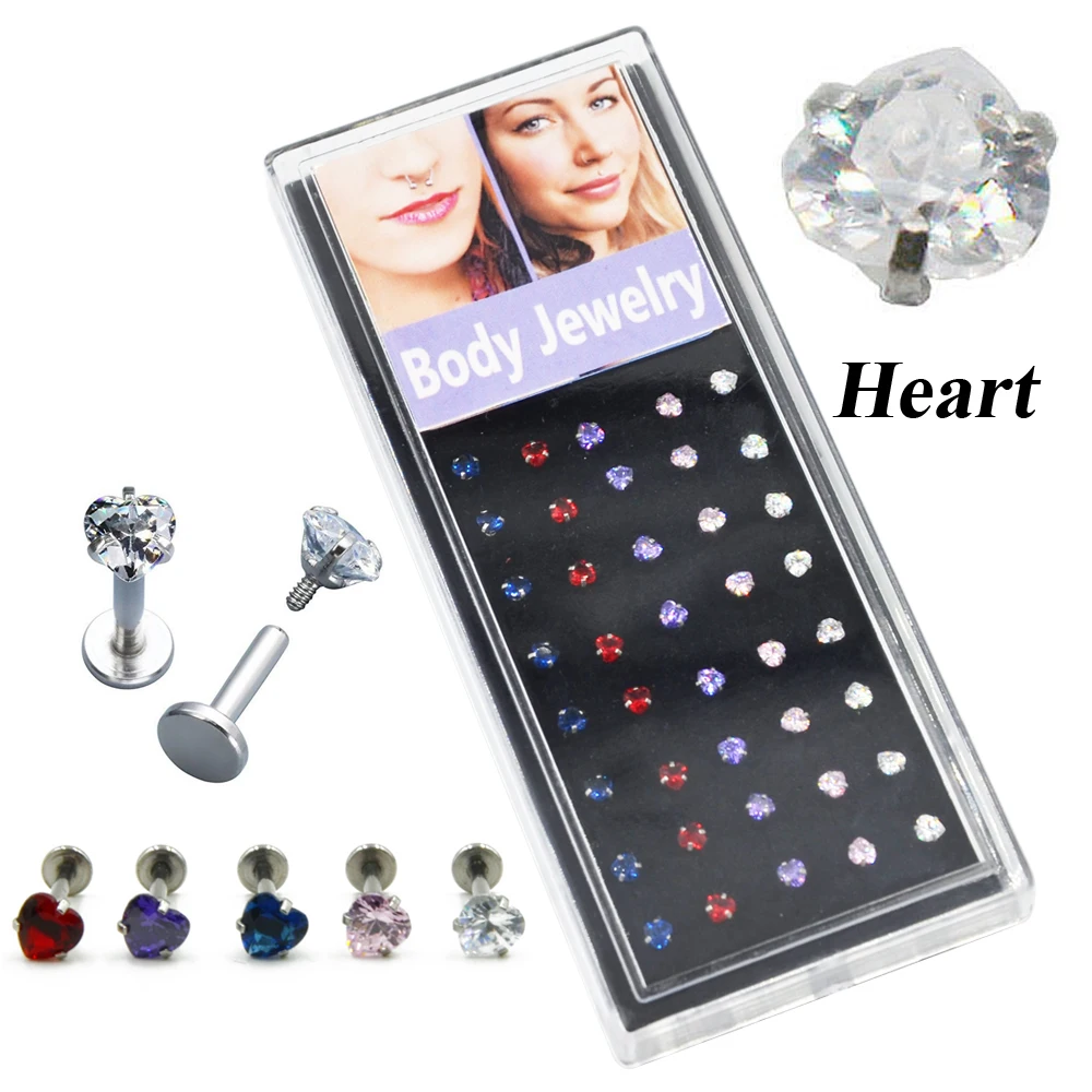 

40pieces/Box Heart Shaped Crystal Labret Internally Thread Lip Ring Monroe Jewelry Ear Tragus Body Stud Helix Cartilage Piercing