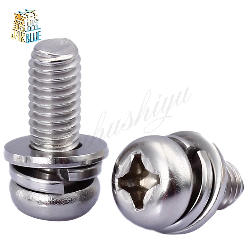 (50 pc/lot) metric thread M2,M2.5,M3,M4 stainless steel Phillips Pan Head Three Combination Screw Three sem screws with washer