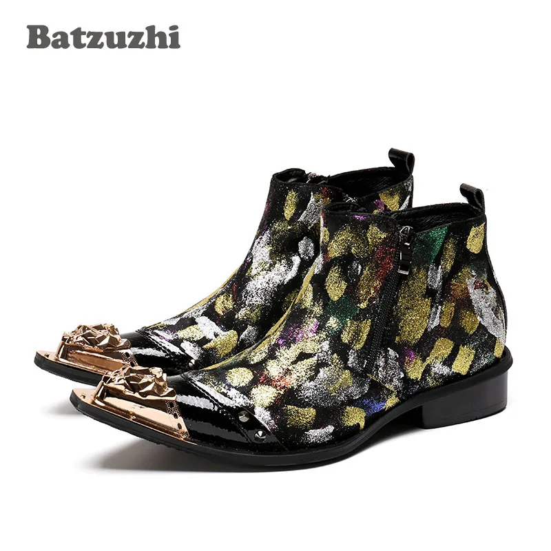 Batzuzhi 2018 New Men Genuine Leather Ankle Boots Men Pointed Metal Toe Botas Hombre Flower Printed Men's Boots Fashion Classic