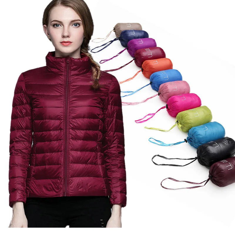 Jaqueta de pato branca feminina com gola de suporte, jaquetas ultra leves, Parkas slim manga longa, cor doce, moda feminina, inverno