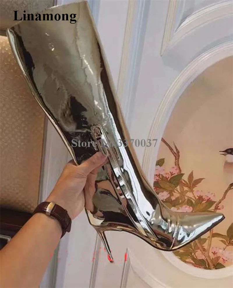 Women Charming Pointed Toe Mirror Silver Patent Leather Knee High Boots Sexy Long Stiletto Heel Boots High Heel Boots