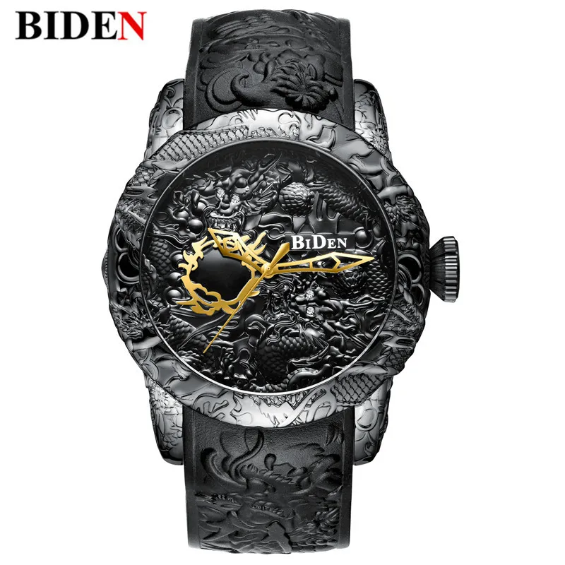 Fashion 3D Sculpture Dragon Men\'s Watches Luxury Top Brand Golden Black Watch Exquisite Creative Rubber Band Male Clock Relogio