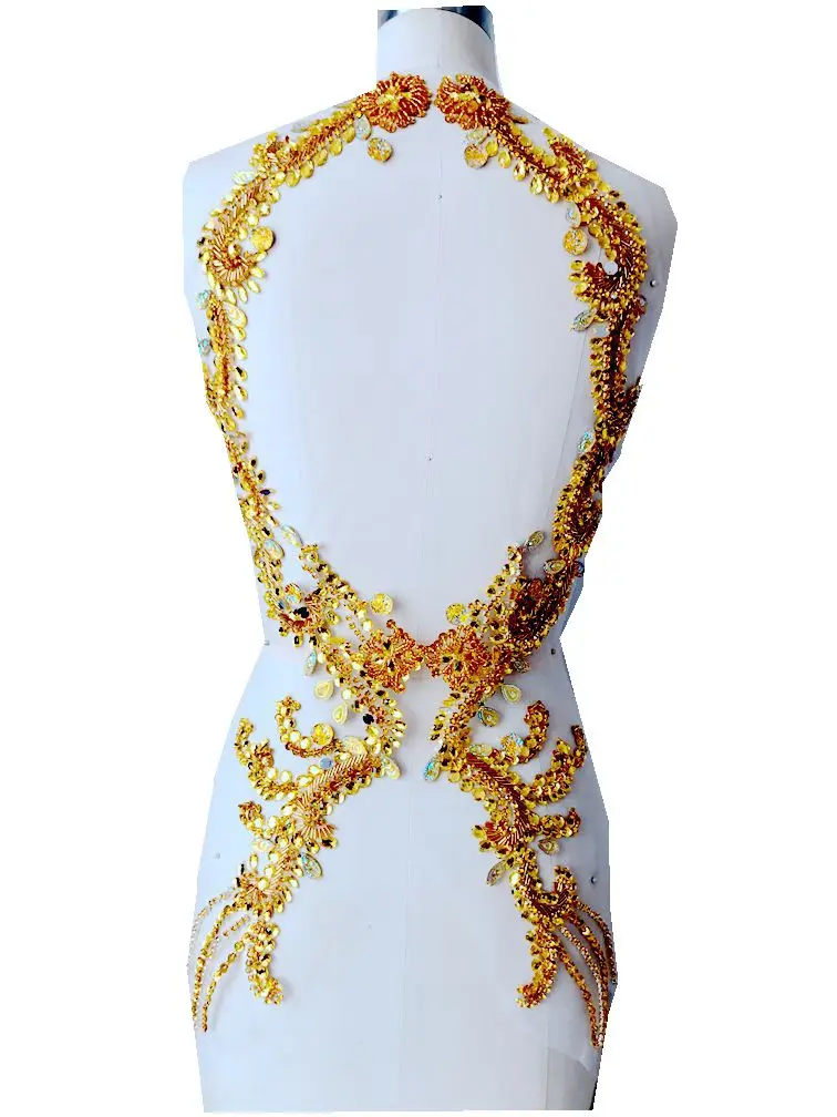 

hand made golden sew on Rhinestones applique on mesh crystal patches trim 69*17cmX2 for dress back