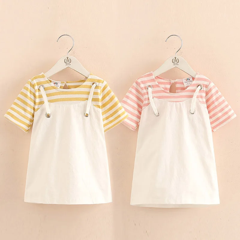 2024 Summer Fashion 2 3 4 5 6 8 10 12 Years Baby Children Patchwork Cotton Short Sleeve Striped Cotton Little Kids Girls Dress