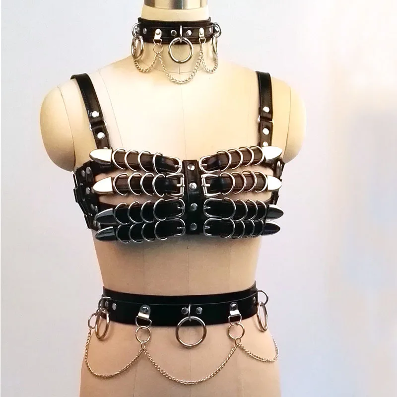 100% Handcrafted Choker Harness Caged TOP Bra Belt Body Chest PU Leather Waist Belt With Chains Link