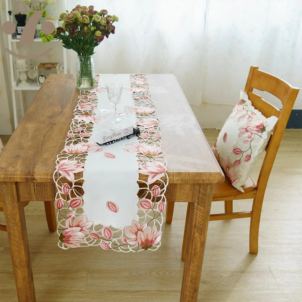 Rose Colour Tulip Satin Fabric Embroidered Table Runner 16x36 16x72 Inches For Home Decoration