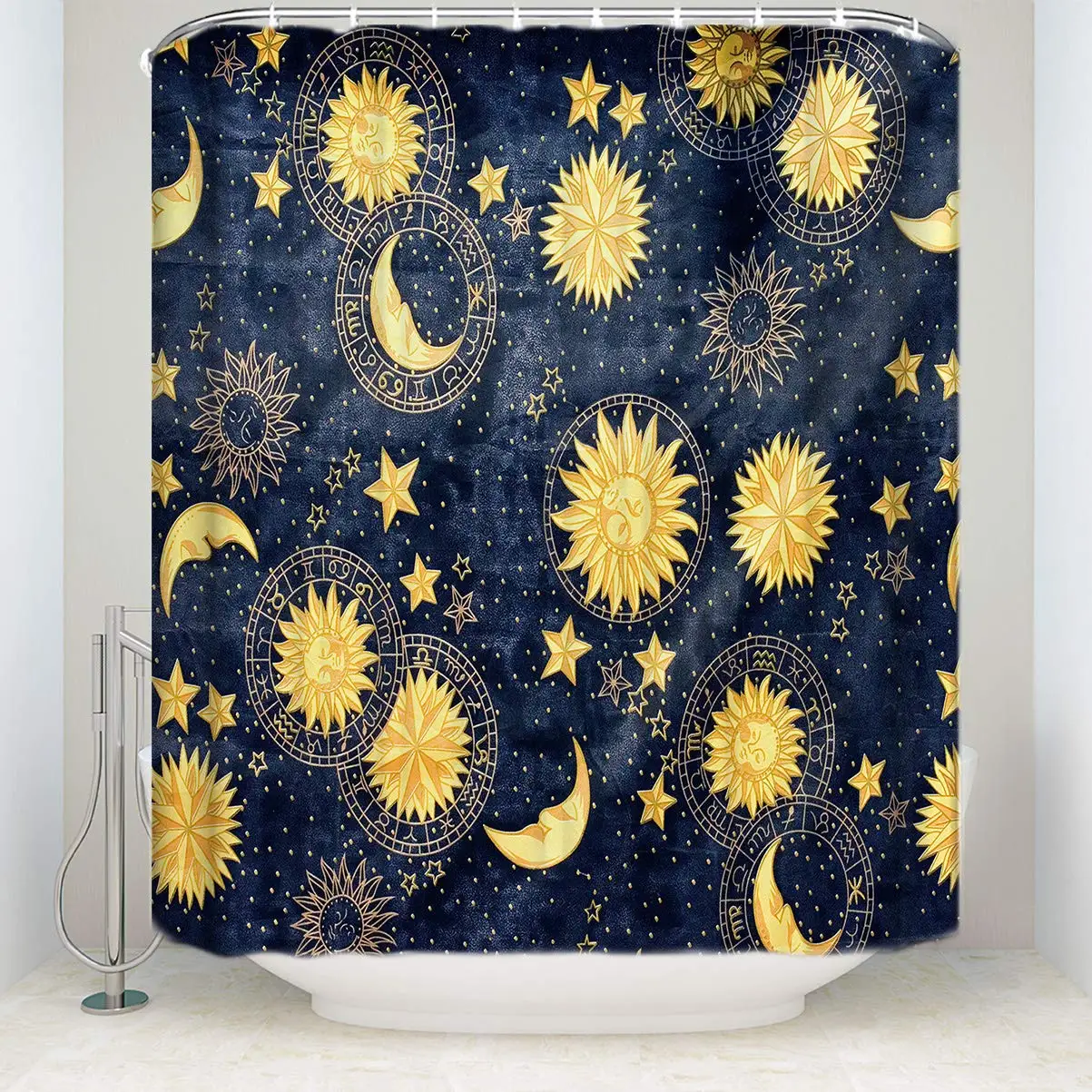 Meet 1998 Boho Chic Art Golden Sun Moon and Stars Over Blue Black Sky Waterproof Bathroom Fabric Shower Curtain