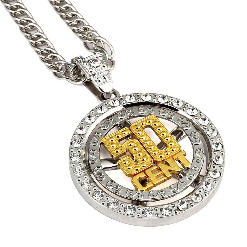 Mens Big Jewelry 50 Cent Pendant Necklace Long Chain Gold Silver Fashion Personalized Hip Hop Gift for Women