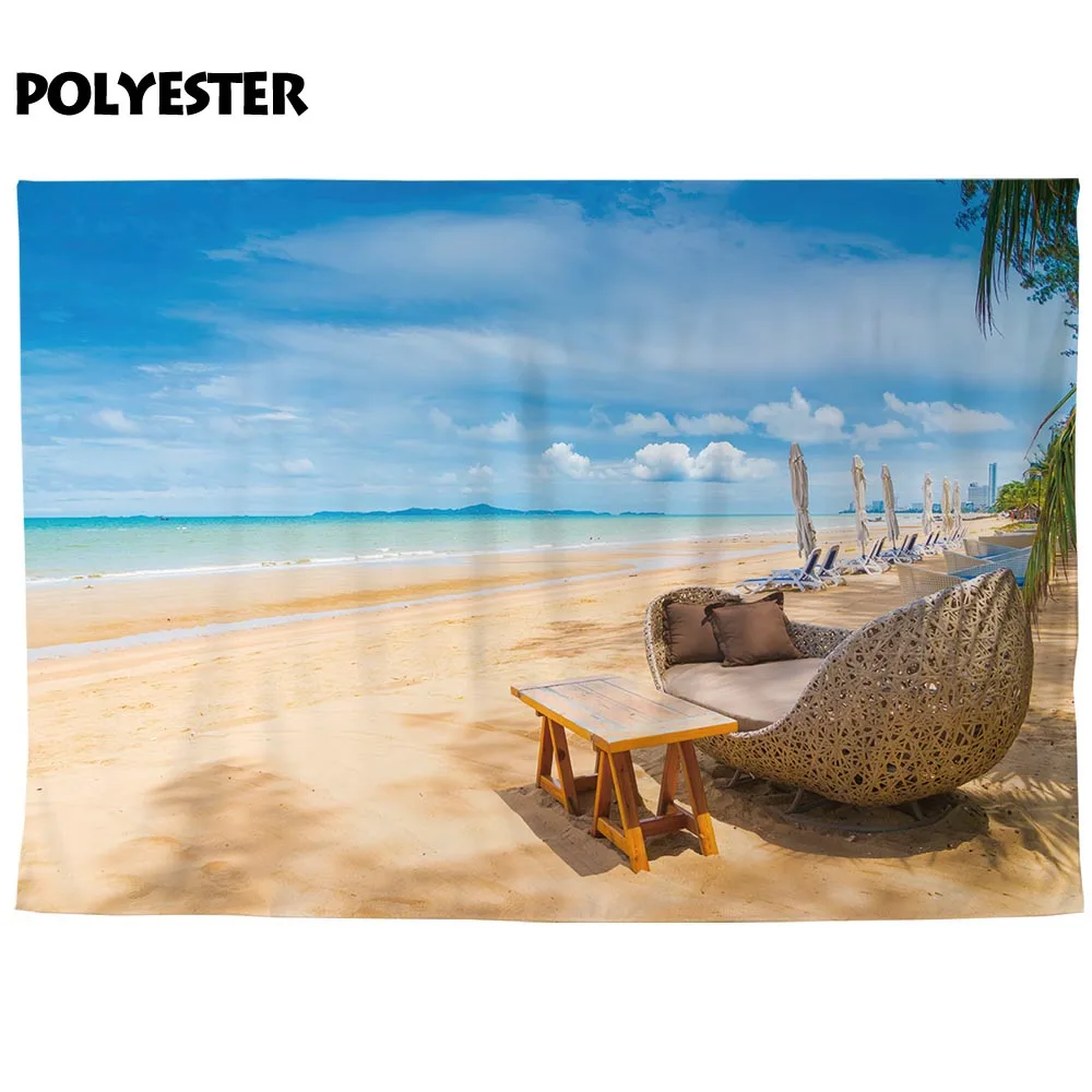 Allenjoy ฤดูร้อนพื้นหลังสำหรับ Photo Blue Sky Beach Sea เก้าอี้วันหยุดธรรมชาติฉากหลังการถ่ายภาพ Photobooth photocall