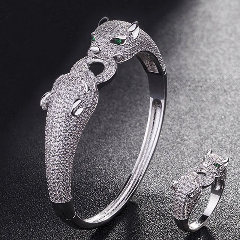 Zlxgirl Classic two Leopard Head bangle with ring Jewelry cubic Zircon Animal Bracelet Women's Anniversary Jewellery