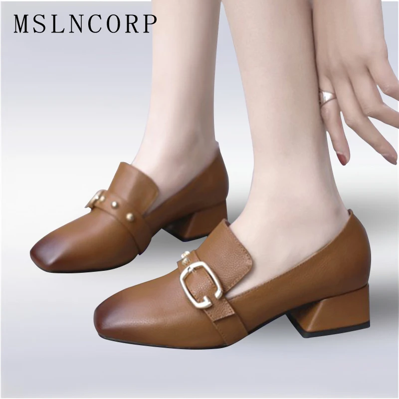 

Size 34-43 New Spring Autumn Genuine Leather Shoes Women Square Toe Low heeled Buckle Casual Slip On Zapatos Mujer Loafers Shoes