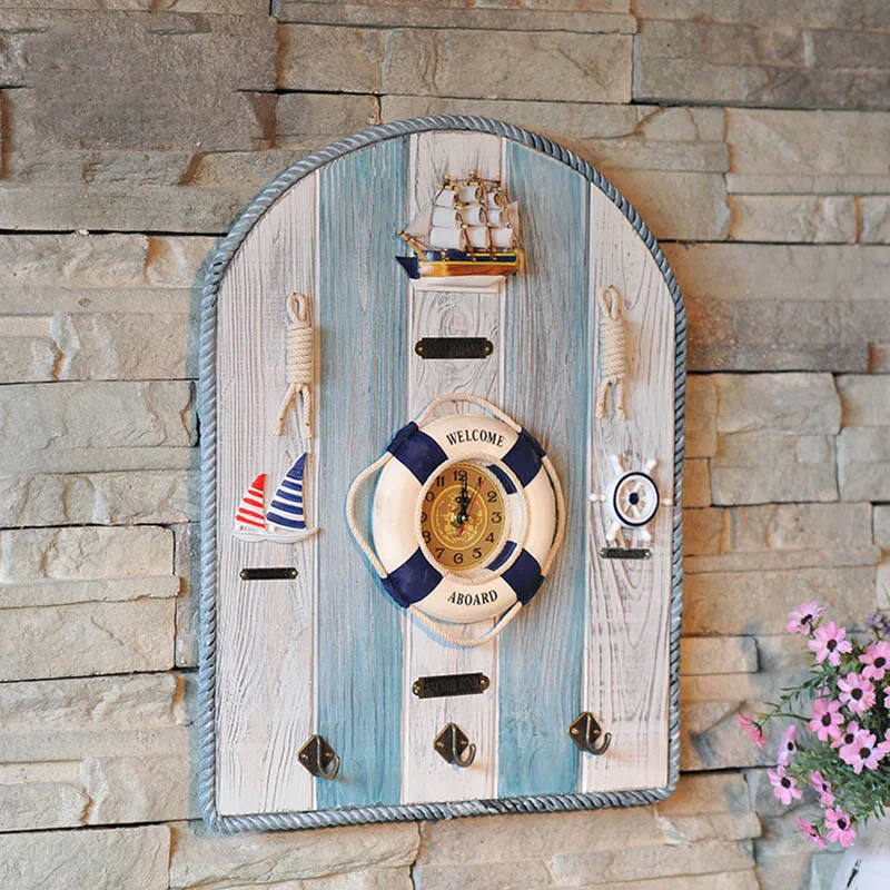 

Mediterranean Wall Clock Decorative Wooden Mural Children Room Key Hook Background Wall Decoration Living Room Bedroom Crafts
