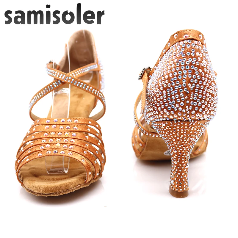 Samisoler Women Party Dance Shoes Satin Shining rhinestones Soft Bottom Latin Dance Shoes Woman Salsa Dance Shoes heel5CM-10CM