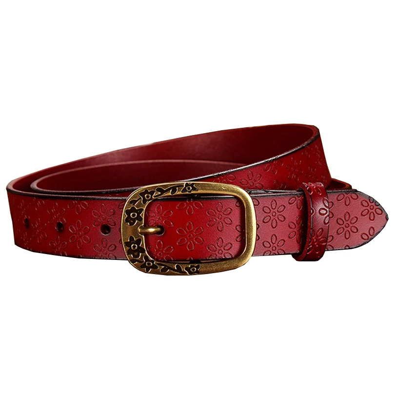 Fashion Genuine leather belts for women Vintage floral Pin buckle strap for jeans High quality second layer cow skin belt woman