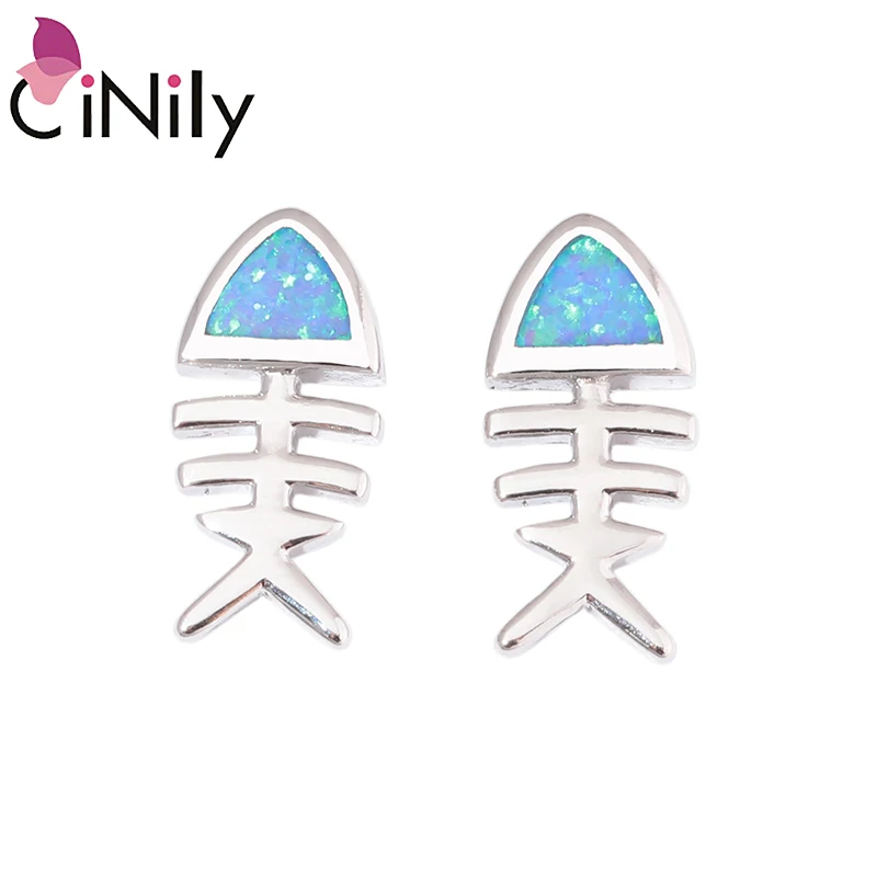 CiNily White & Blue Fire Opal Drop Earrings Silver Plated Fish Bone Animals Cartoon Dangling Earring Cute Jewelry Gift For Girl