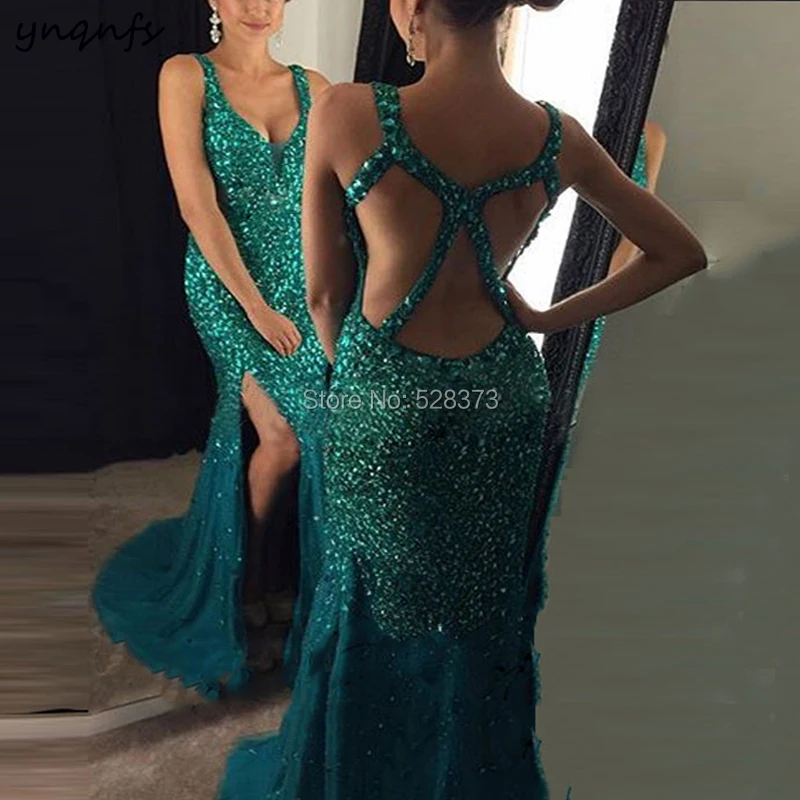 YNQNFS ED199 Vestido de Festa Longo de luxo Cross Back Elegant Crystal Dress Front Open High Slit Bridesmaid Dresses Teal 2019