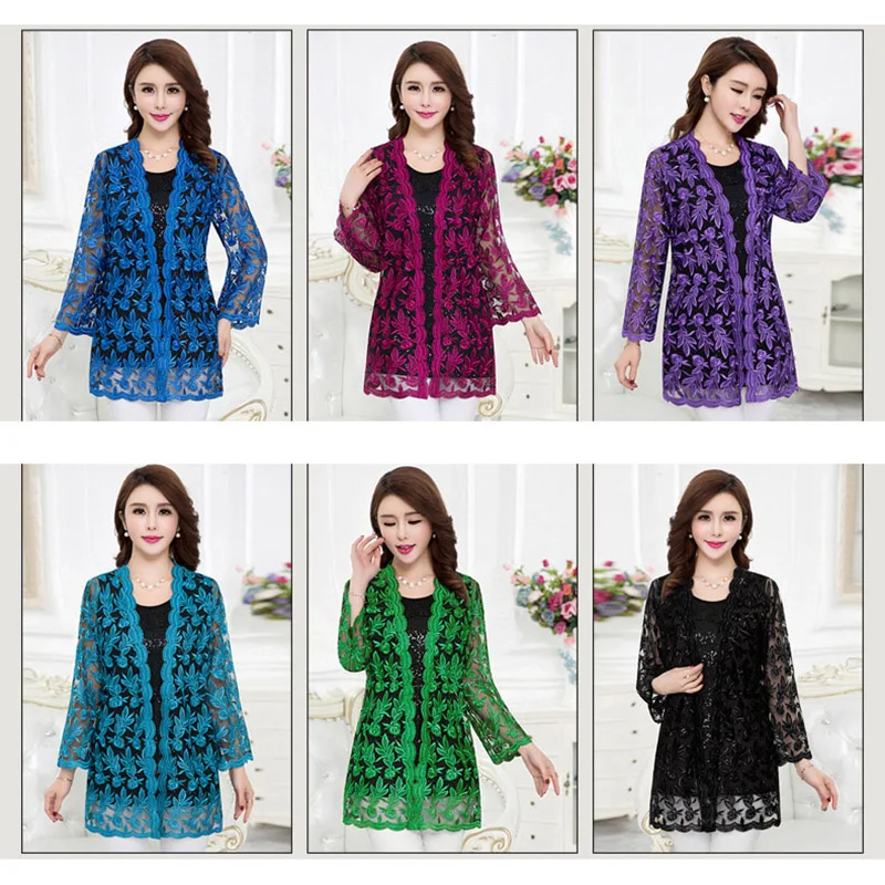 Summer Lace Cardigan Embroidery Women Casual Vintage Jackets Mujer Coat Jaqueta Feminino Casaco De La Big Plus Size 2XL~4XL W184