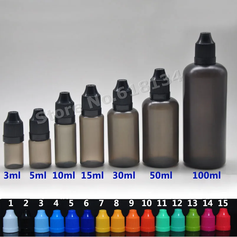 

100 pc of 3 ml, 500 pc of 15 ml plastic black dropper bottles with childproof black lid