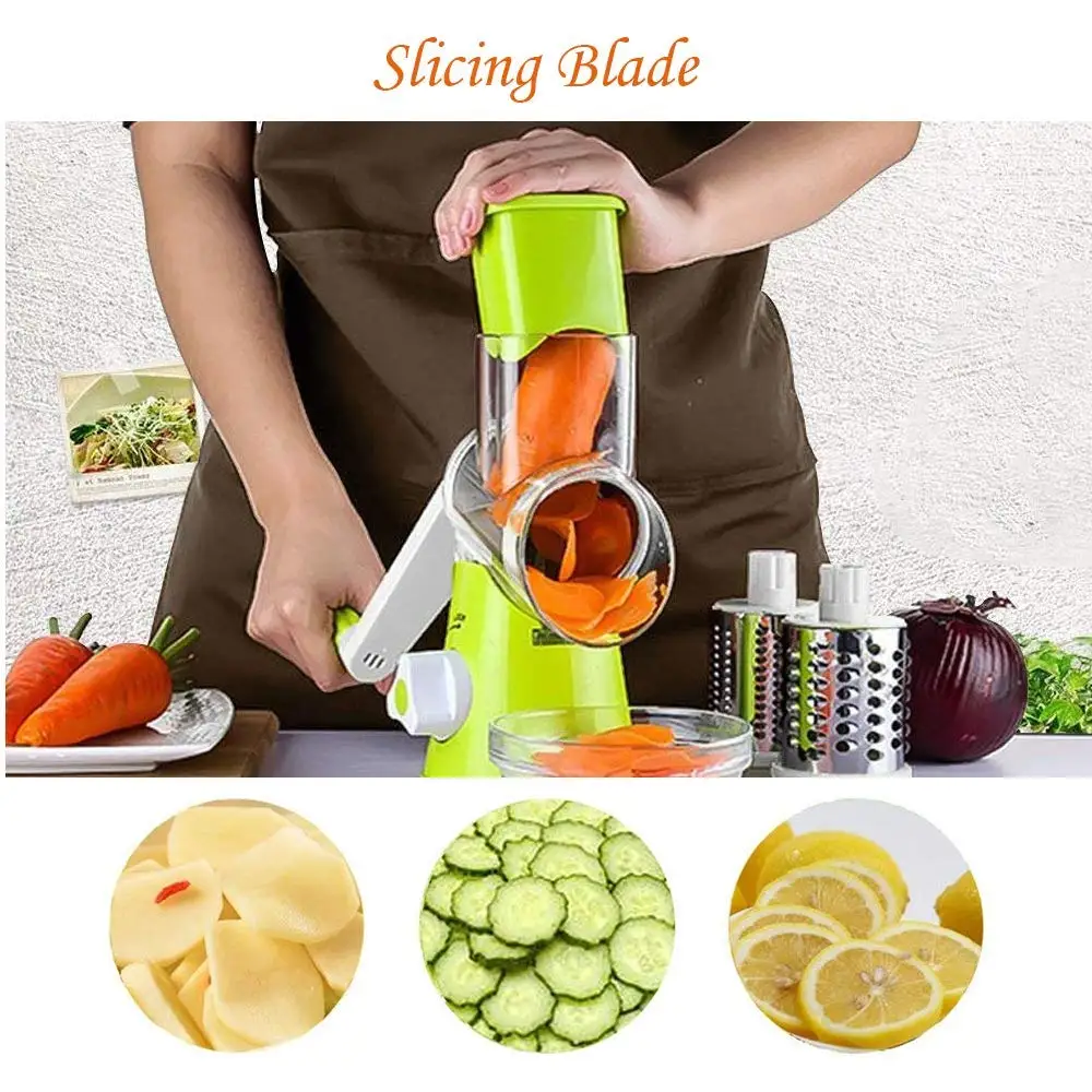 Vegetable Slicer Cheese Grater Rotary Rotary Drum Grater 3-Blades Manual Vegetable Mandoline Chopper with Suction Cup