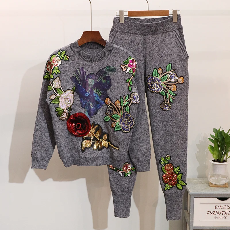 Autumn winter 2 piece set women Embroidery sequin knitted set sweater + trousers pants set Women two piece set fashion tracksuit