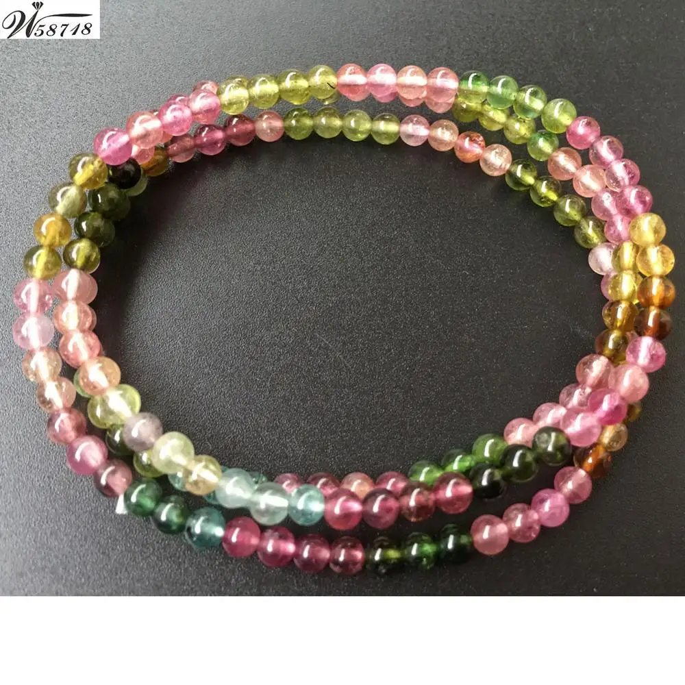 3 Row Beautiful Jewelry 3.5~4mm Natural Multi color Tourmaline Round beads Stretch Bracelet 21