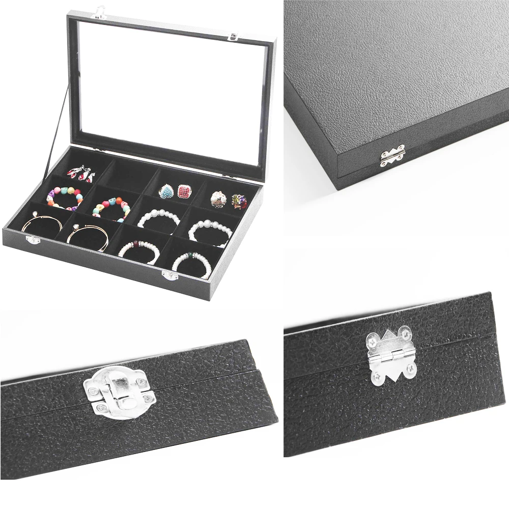 SZanbana Glass lid 12 Grid Jewelry Tray Ring Organizer Earring Necklace Bracelet Brooch Button Showcase Storage Lockable Box