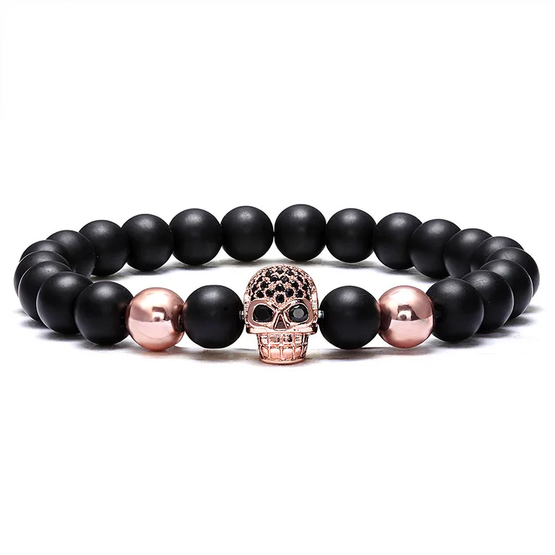 VOQ Fashion Vintage Men\'s Jewelry Black Zircon Skull Charm Bracelet 8mm Beads Natural Stone Bracelet Hot Sale
