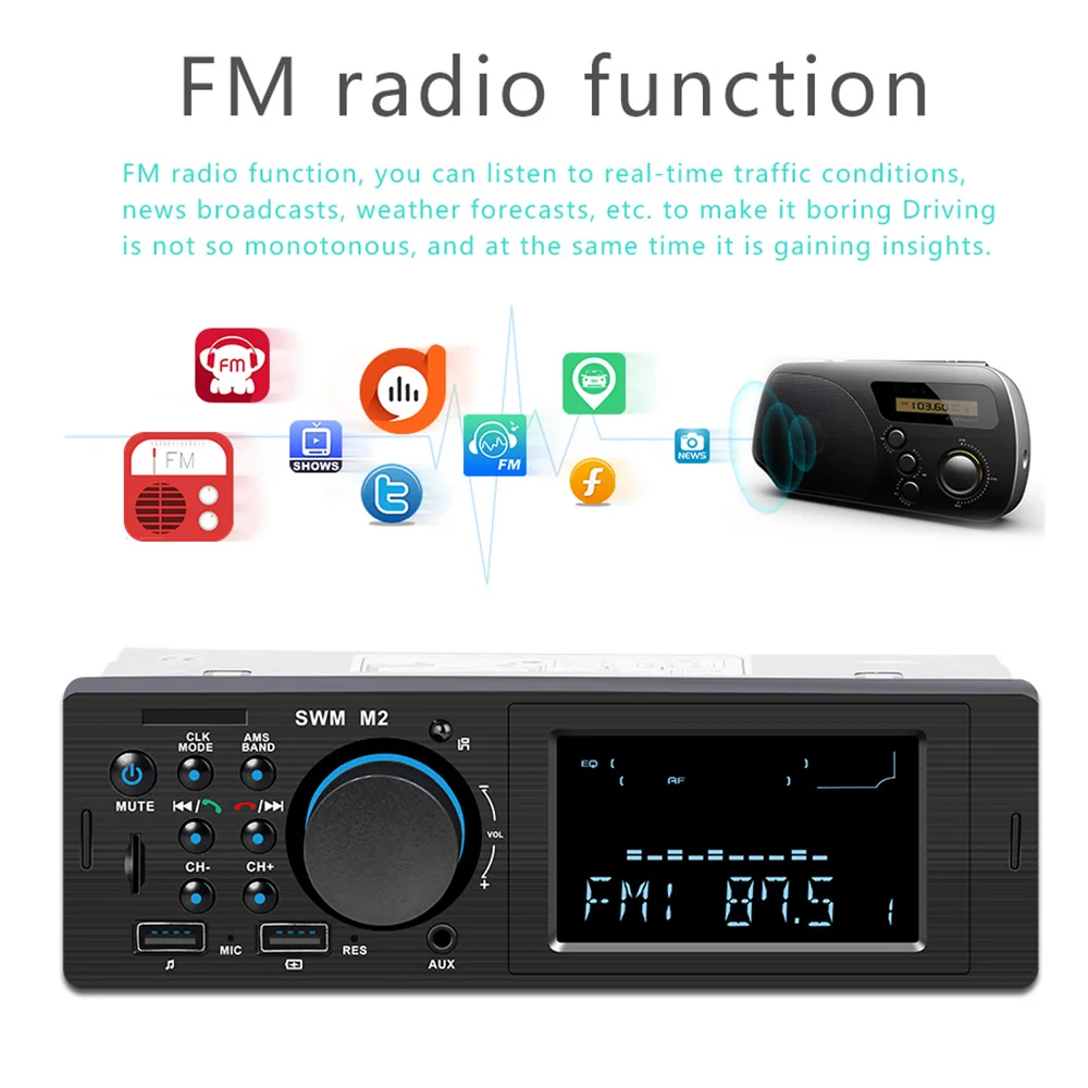 Car Radio Bluetooth Auto 12V Universal Stereo Music FM Aux Input Receiver Charging SD TF USB In Dash 1 Din MP3 Multimedia Player