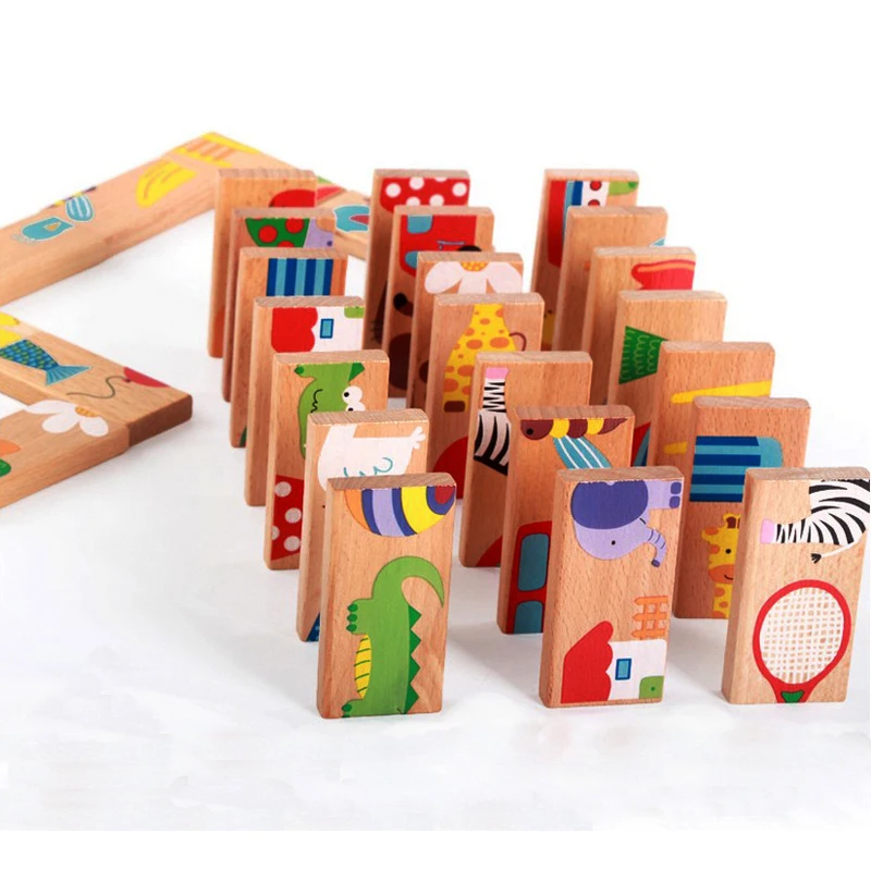 28 PCS Cartoon Domino Blocks Animal Car Pattern Dominoes Wooden Model Building Blocks Intelligence Toys for Children