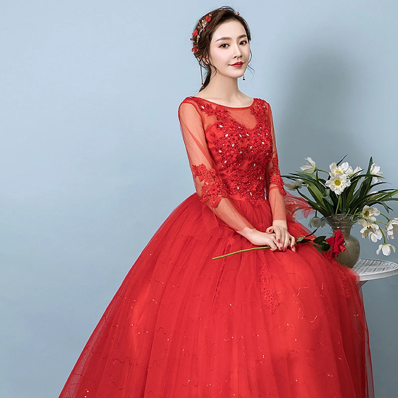 Vlnuo nisa simples vestido de casamento vermelho barco pescoço manga cheia sem costas plus size feito sob encomenda barato vestidos de noiva