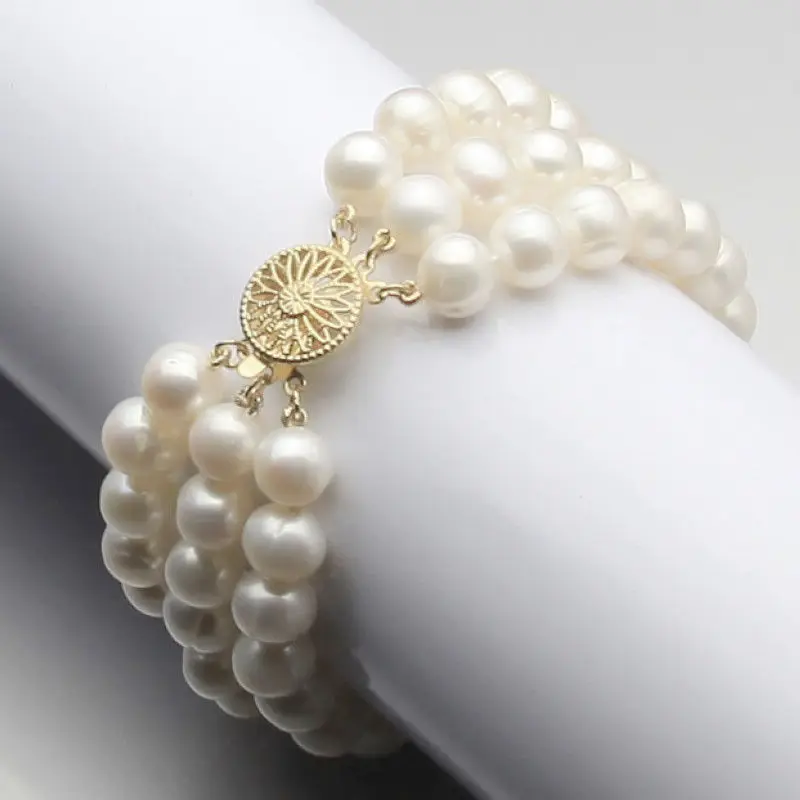 Nobility Woman's jewelry   3 rows 8-9mm white freshwater akoya pearl bracelet 7.5-7.8