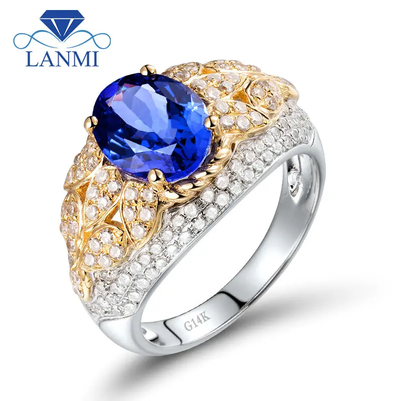 

LANMI однотонное 14-каратное двухцветное белое желтое золото натуральный овальный танзанит женские свадебные кольца с бриллиантами дизайн на юбилей
